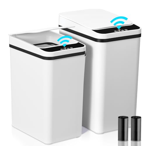 DARIS Cubo de Basura Automático con Sensor de Movimiento 15 L 9 L, 2 Unidades, IPX 5, Resistente Al Agua, Cubo de Basura Con Tapa de Baño Blanc, Ultrafino