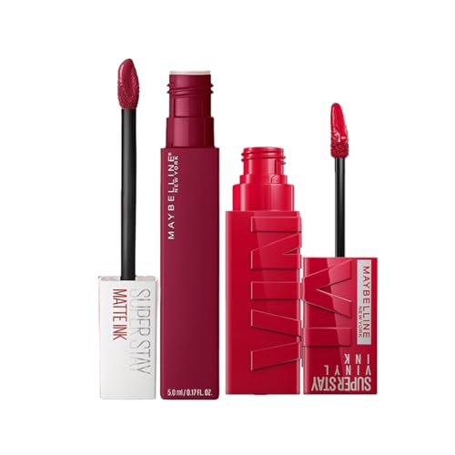 Image of Maybelline New York Liquid Matte Lipstick, Long Lasting, 16hr Wear, Superstay Matte Ink, Founder, 5ml & High Shine Gloss, Lasts for 16 HRs, Enriched With Vitamin E & Aloe, SuperStay Vinyl Ink,Wicked