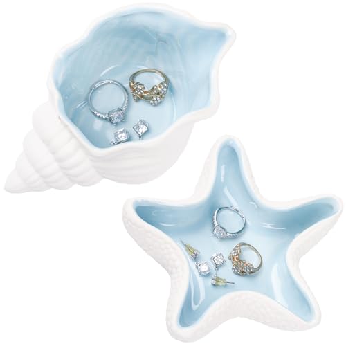 Ocean Ceramic Jewelry Tray, Starfish Conch Seashells Mermaid Decorative Trinket