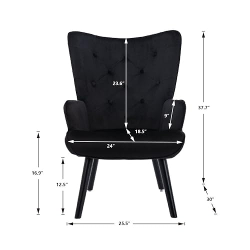 Image of Velvet Wingback Accent Chair for Living Room | Luxury High Back Tufted Armchair with Glossy Metal Legs | Modern Velvet Upholstered Lounge Chair for Home & Office | 1 Pc (Black)