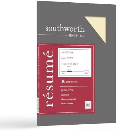 Southworth 25% Cotton Resume Paper, 8.5" x 11", 24 lb/89 gsm, Wove Finish, White, 100 Sheets (R14ICF)