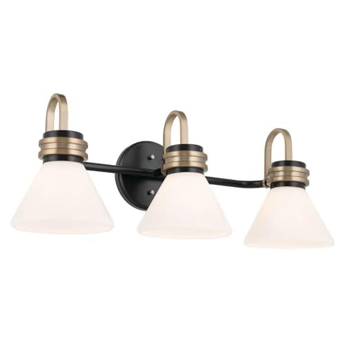 Image of Kichler Farum 26 in 3-Light Bathroom Vanity Light Fixture with Opal Glass in Black with Champagne Bronze Accents for Modern Bathrooms and Powder Rooms (26 in W x 9.5 in H x 9.5 in D) 55155BK