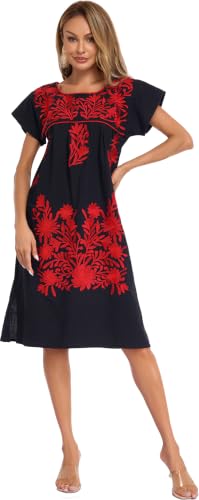 Image of YZXDORWJ Women Mexican Embroidered Long Dress Ruffle Collar Maxi Boho Floral Summer Short Sleeve
