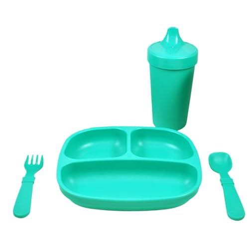 Image of Re-Play Toddler Dinnerware Set - Spill-Proof Sippy Cup, 7" Divided Plate, Fork & Spoon - Durable Recycled Dining Set for Kids - Dishwasher & Microwave Safe - Made in USA - Aqua