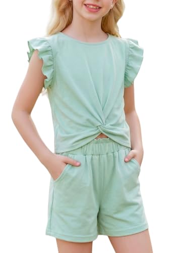 Image of Arshiner Girls Shorts Sets 2 Pieces Outfits Twist Front Ruffle Sleeve T-Shirts and Shorts With Pockets Cute Clothes Sets