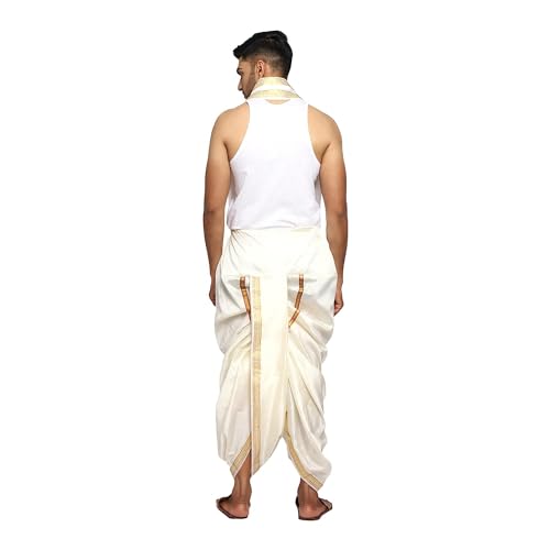 Image of Rameshwaram Fabrics Readymade Dhoti for Men, Velcro Style Stitched Mens Silk Dhoti Pant with Stole Set