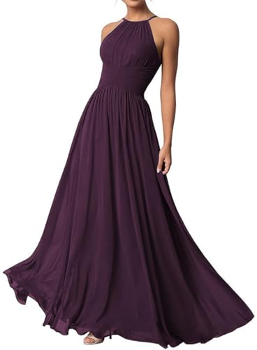 Damen Neckholder Brautjungfernkleider Lang Chiffon Kleider Abendkleider, pflaume, 40