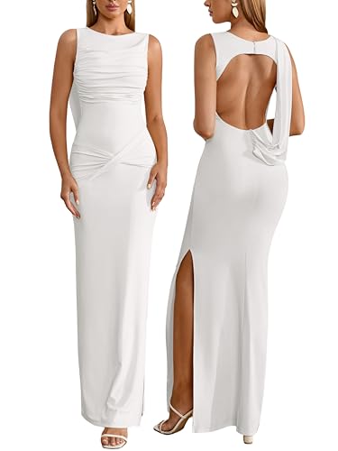 Image of Parthea Women Wedding Guest Dress Bodycon Long Sleeveless Backless Side Slit Elegant Evening Party Cocktail Maxi Dresses