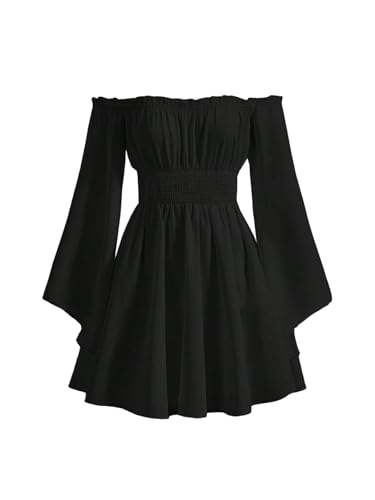SweatyRocks Off Shoulder Kleid Damen Elegant Langarm Gothic Kleid A Linie Herbstkleid Minikleid Partykleid Mit Rüschen Festival Outfit Schwarz L