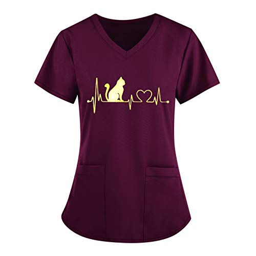 WUXIANG Pascua Mujer Túnica de Cuidado de la Salud Uniforme Camiseta de Manga Corta con Diseño de Bolsillo para Enfermera Estetica Peluqueria Veterinaria Hospital Limpieza y Empleada Hogar Cover