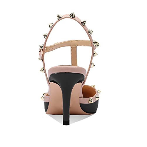 Image of XINIUNIU Studded Heels for Women Kitten Heels with Studs Stiletto Sandals with Rivet Ankle Strap Patent Leather Pointy Toe 2.5 Inch Party Daily Wear Evening Sandals
