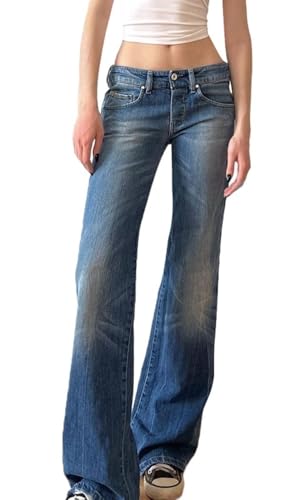 CHARTOU Women Summer Straight Denim Long Pants Y2k Low Waist Washed Wide Leg Jeans with Pockets