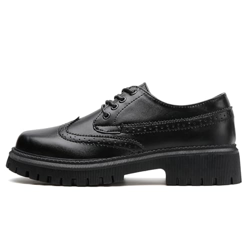 Image of Womens Vintage Oxford Shoes Platform Lace-up Round Toe Patent Leather Brogues Casual Oxfords for Girls Ladies Women