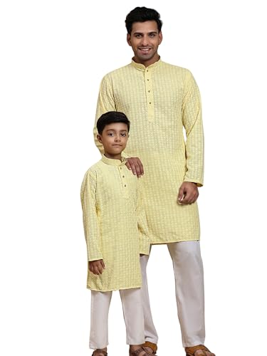 Image of Pro-Ethic Style Developer Men Silk Striped Father Son Matching Ethnic Wear Embroidery Mirror Work Kurta Pyjama Set |(Combo)B-117