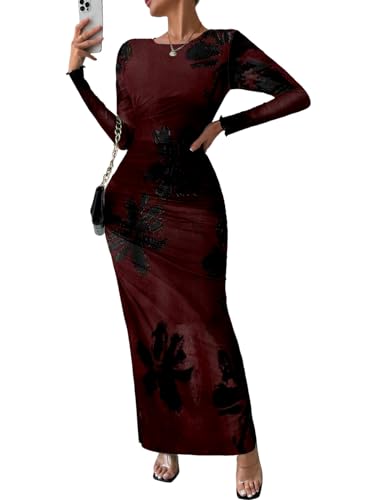 Image of MARZXIN Women Long Sleeve Maxi Dress Bodycon Ruched Formal Slim Fit Tie Dye Dress Formal Mesh Dress