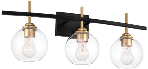 Image of 360 Lighting Modern Wall Light Sconce Black Gold Mixed Hardwire 27 inch 3-Light Fixture Clear Glass Globe Shade for Bedroom Bathroom Bedside Vanity Living Room Home Mirror Hallway Dining Kitchen
