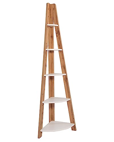 Image of DeckUp Plank TIVA Engineered Wood Corner Ladder Book Shelf (Wotan Oak & White, Matte Finish)