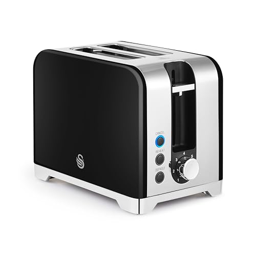 Swan ST19031BLK Solace 2 Slice Toaster, Premium Stainless Steel with a High Gloss Finish, 7 Browning Levels, Defrost, Reheat and Cancel Functions, Non-Slip Feet, Self-Centring Function, 930W, Black