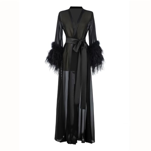 Women's Feather Fur Bridal Sheer Robe Chiffon Lingerie Nightgown Bathrobe Sleepwear Wedding Scarf Illusion Women2