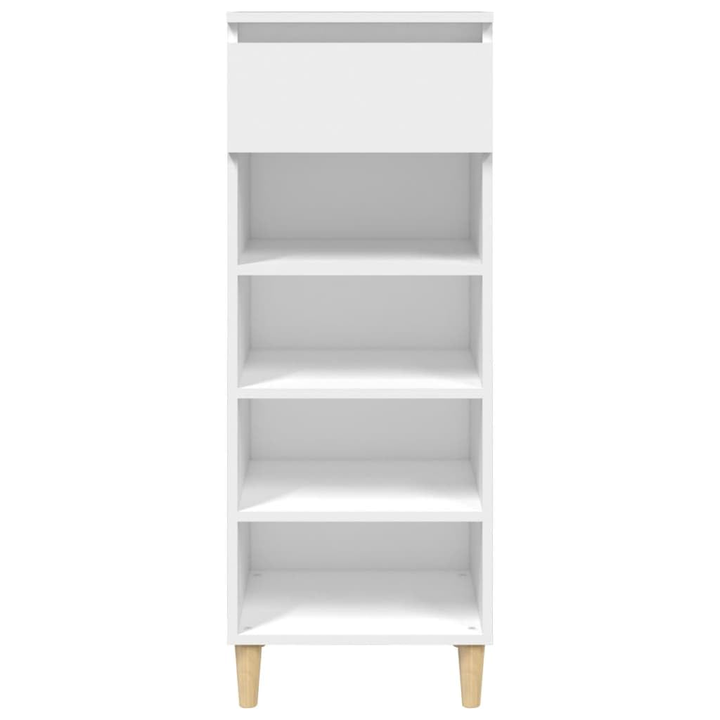 Zapatero blanco 40 x 36 x 105 cm de madera con 4 bolsillos abiertos y 1 cajón para almacenamiento, placa superior estable y patas de madera resistentes, armario de almacenamiento compacto