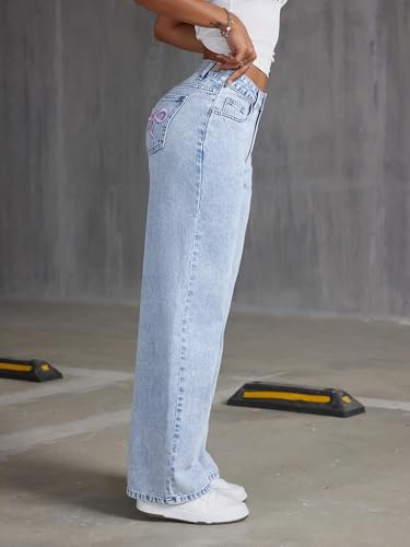 Bow Embroidered Jeans for Women High Waist Straight Wide Leg Denim Pants 2025 Basic Loose Cute Bowknot Baggy Jeans3