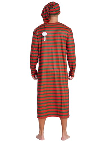 Men's Christmas Striped Robe Pajamas Set Long Sleeve Nightshirt Sleeping Cap with Pom Balls4