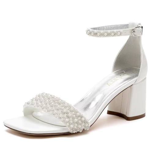 Block Heel Wedding Shoes for Bride Square Open Toe Wedding Sandals Pearl Bridal Shoes Wedding Heels Chunky