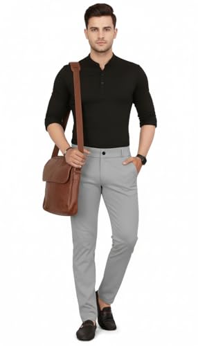 Image of Mehrang Men's Slim Fit Casual Mid Rise Trousers, Cotton Blend, Side Pockets || Classic Slim Fit Chino Pants || Business Casual Dress Trousers