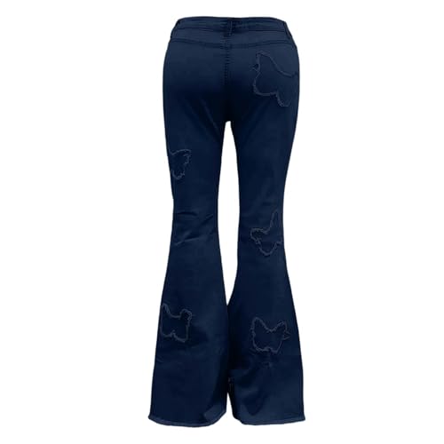 Bell Bottom Jeans for Women Butterfly Embroidered Graphic Elastic High Waisted Jean Raw Hem Denim Pants with Pockets4
