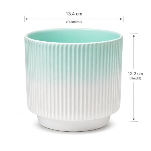 Image of Xtore Elegant Ribbed Ceramic Planter for Home & Office Decor | Modern Indoor Flower Pot with Soft Aqua-Toned Interior for Living Room, Bedroom, Desk, Shelf, Balcony & Window Styling (Shaded Green)