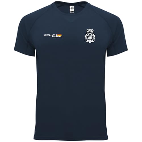 DrMugCollection Camiseta técnica Deportiva Policía Nacional – Transpirable Control Dry – Opositores, Entrenamiento y Uso Diario (FR/ES, Letras, S, Regular, Regular, Azul Marino)