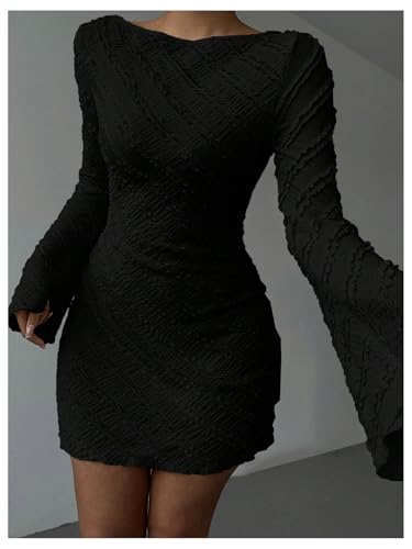Milumia Women's Textured Backless Long Bell Sleeve Mini Dress Boat Neck Lettuce Trim Short Dresse Going Out4