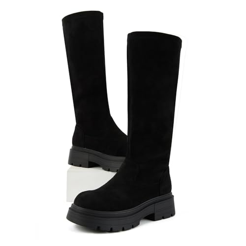 Putu Women's Platform Knee High Boots, Comfortable Faux Suede Chunky Block Heel Boots Round Toe Pull On Long Boots4