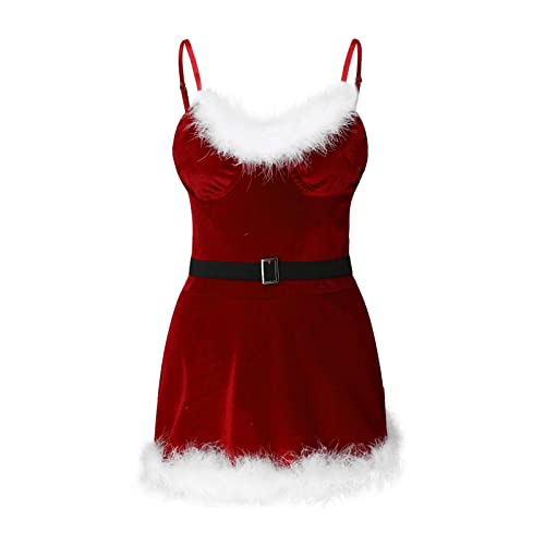 3Piece Christmas Santa Costume Babydoll Chemise Womens Sexy Velvet Lingerie | Sexy Santa Costume Dress, 3 Piece Christmas Babydoll Chemise, Fur Trim, Thongs, Belt, Mini Lingerie Dress for Christmas Party - image 4