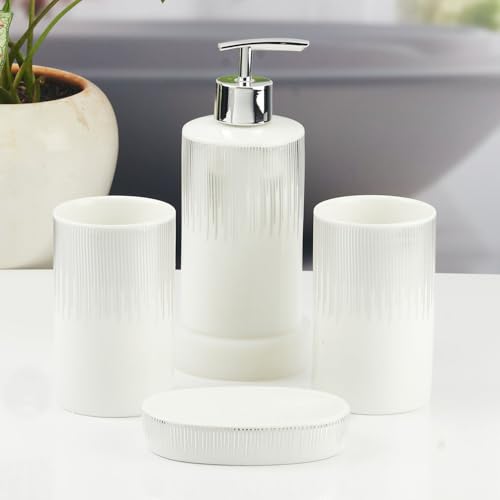 Image of SaSaSa Ceramic Bathroom Accessories Set of 4 Modern Bath Set with Soap Dispenser & Toothbrush Holder, Luxury Home & Gift Idea (11394)