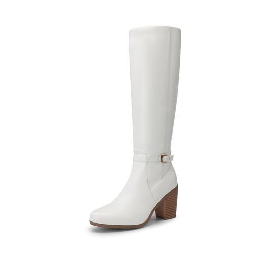 DREAM PAIRS Women's Knee-High Boots Comfortable Chunky Block Heel Side Zipper,Size 9.5,White-Pu,SDKB2403W