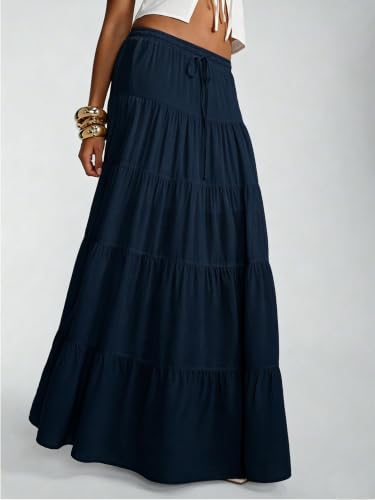 Image of Women's Boho Maxi Skirt Ruffle Flowy Low Rise A Line Beach Long Skirts | Flared Ruffle, Elastic Waist, Summer Vacation Skirts