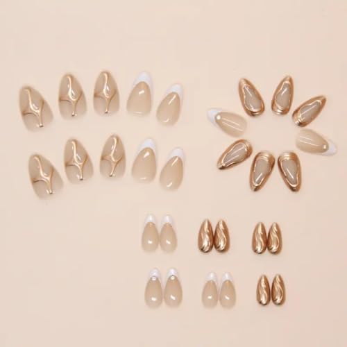 Image of Gold Chrome Press on Nails Almond Shape | Glossy Nude French Tip False Nails with 3D Metal Design & Rhinestones | Press On Nails Kit for Women And Girls Fake Nail Extension | Reusable Nail Extension For Women With Glue Tab | Long Lasting Glossy Finish Artificial Nails | Easy to Apply Fake Nails for Salon Look at Home | Stick-On Manicure Kit For Parties, Weddings And Gifts | Trendy Nail Art Set for All Occasions (Peach-GoldChrome)