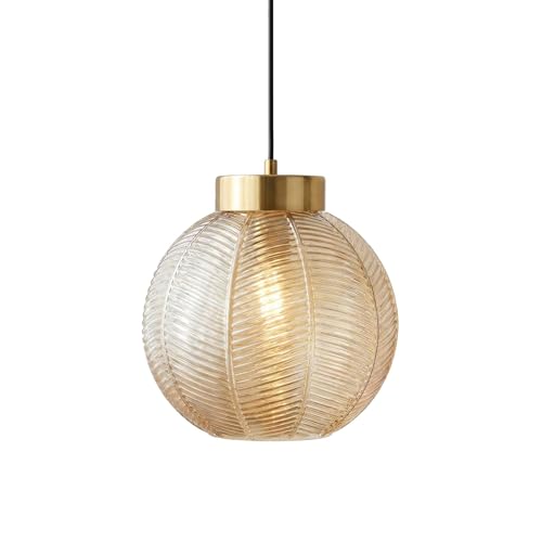 LFsem Lámpara Colgante Vintage, Globo de Cristal con Vena de Hoja, Accesorios Metálico Dorado, Ajustable de Altura E27 Lámpara de Techo para Comedor, Salón y Habitación (Ámbar, 20cm)