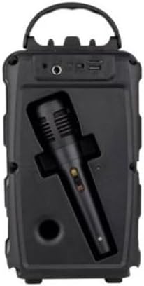 Rear view of the Soonbox S33 speaker, showing the input ports and a storage slot for the microphone.