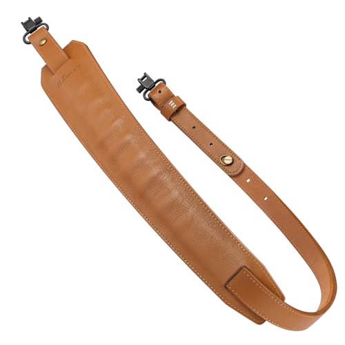 EZshoot Leather Gun Sling with Removable Shoulder Pads Non-Slip Back Design Leather Rifle Sling Removable Sling Swivels Two Point Sling Adjustable Length