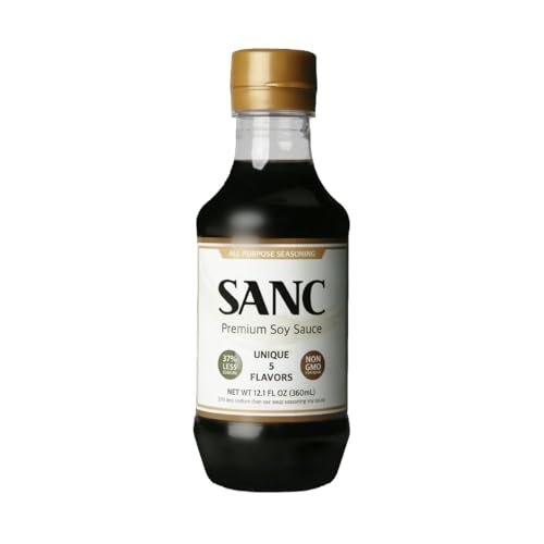 SANC All Purpose Korean Soy Sauce, 12.2 Fl Oz (Pack of 1) โ Less-Sodium Salt Substitute, NON-GMO Bean, No Artificial Additives, Naturally Brewed Soy Sauce with Music Fermentation