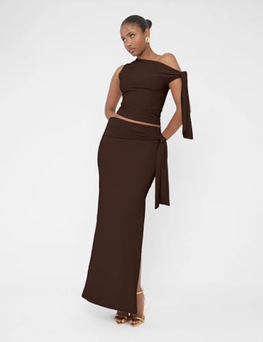 Two Piece Skirt Set for Women - Sexy 2 Pc Outfits Sleeveless One Shoulder Crop Top Maxi Long Bodycon Skirts Sets2