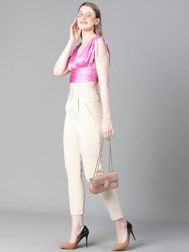 Image of oxolloxo Women Solid V-Neck Elasticated Tie-Up Satin Crop Top