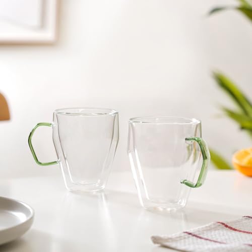 Image of Nestasia Double Wall Borosilicate Glass Mugs Set of 2 (250ml Each) - Microwave & Dishwasher Safe Transparent Glass Tea Cups with Green Handles | Food Safe & Durable Coffee Mugs - Ideal for Gifting