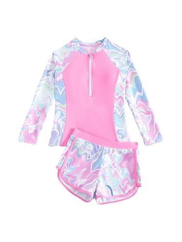 OYOANGLE Girl's 2 Piece Swimsuits Wave Striped Long Sleeve Swimwear Wireless Tankini Sets Bathingsuit