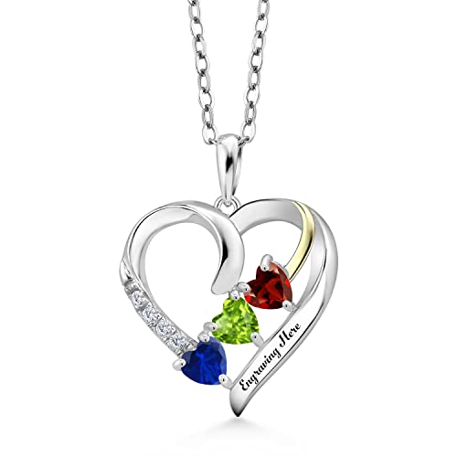 Gem Stone King Build Your Own Personalized 3-Stone Heart Shape Birthstones and White G H Lab Grown Diamond 925 Silver and 10K Yellow Gold Pendant Necklace For Women with 18 Inch Chain