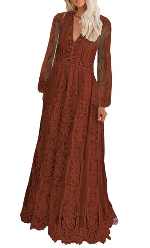 Cercis Women V-Neck Long Sleeve Floral Lace Formal Maxi Dress