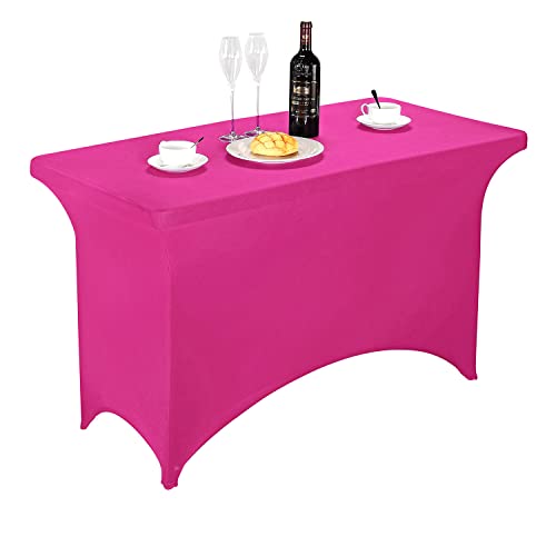 Image of FORLIFE Spandex Table Cover - Fitted 4ft Rectangular Tablecloth for Weddings & Banquets, Stretch Patio Cover (Fuchsia)