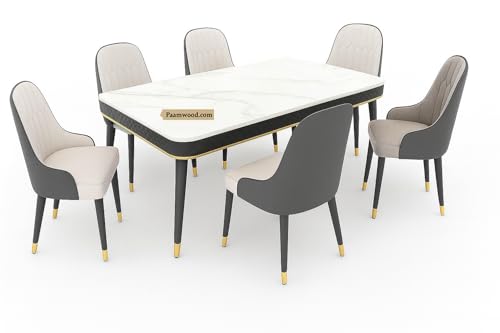 Image of Swiss Modern Dining White Nano Composite Marble Top Table Set with Sheesham Wood Legs, 6 Seater with Upholstered Chairs (71x36x30 Inches)